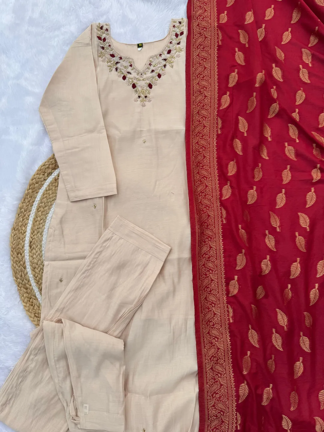 Cream Handwork Roman Silk Kurti Pant Dupatta Set