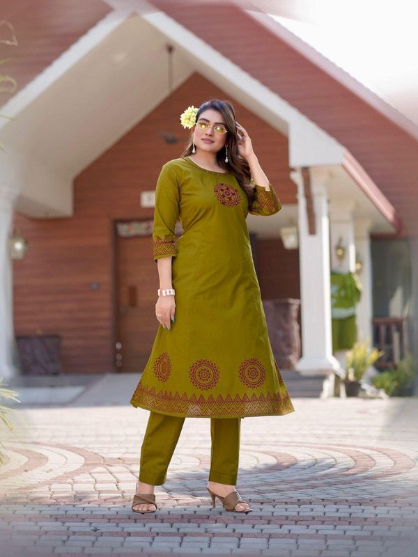 Olive Green A-Line Cotton Kurti Pant Set for Women