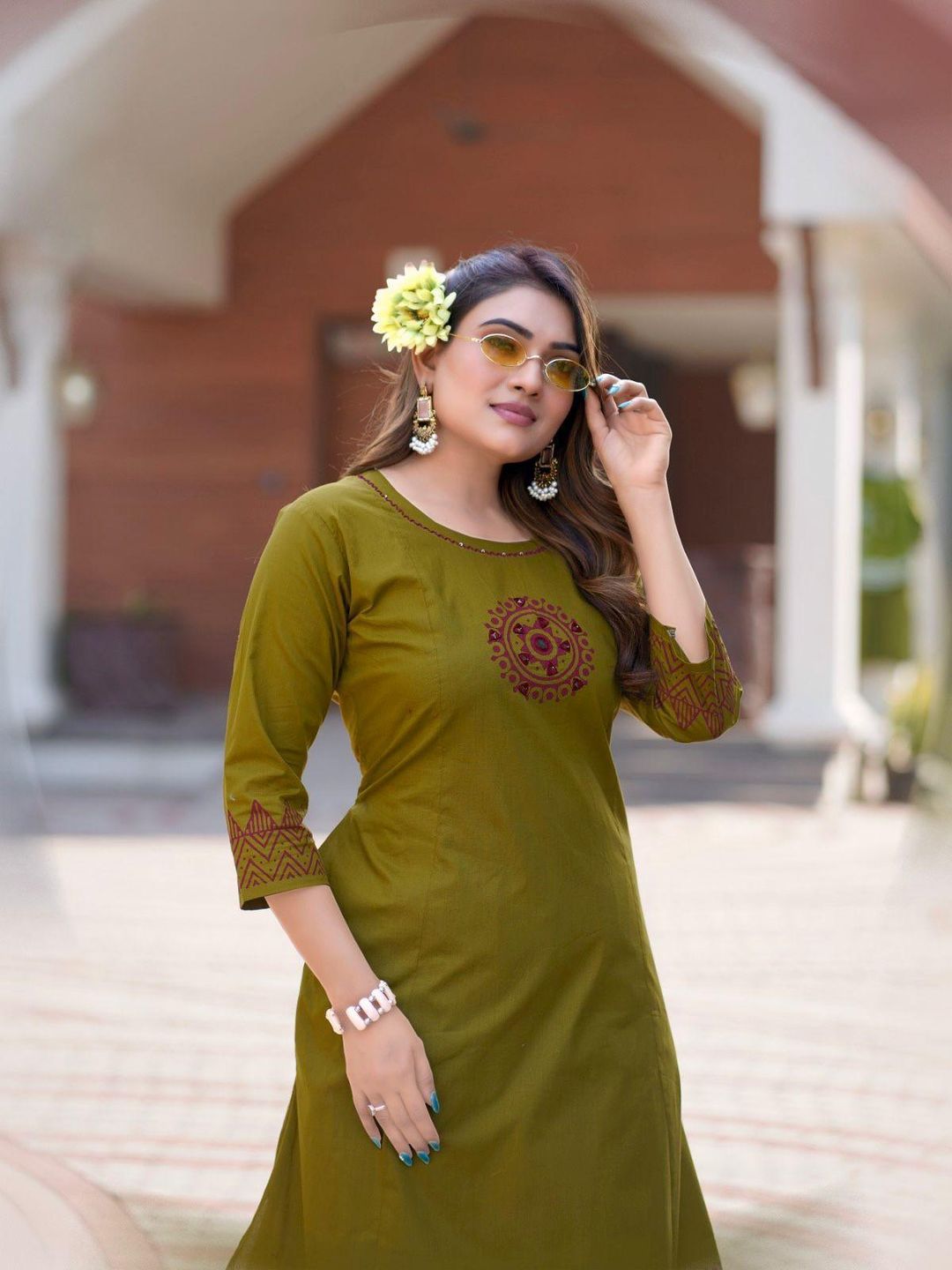 Olive Green A-Line Cotton Kurti Pant Set for Women