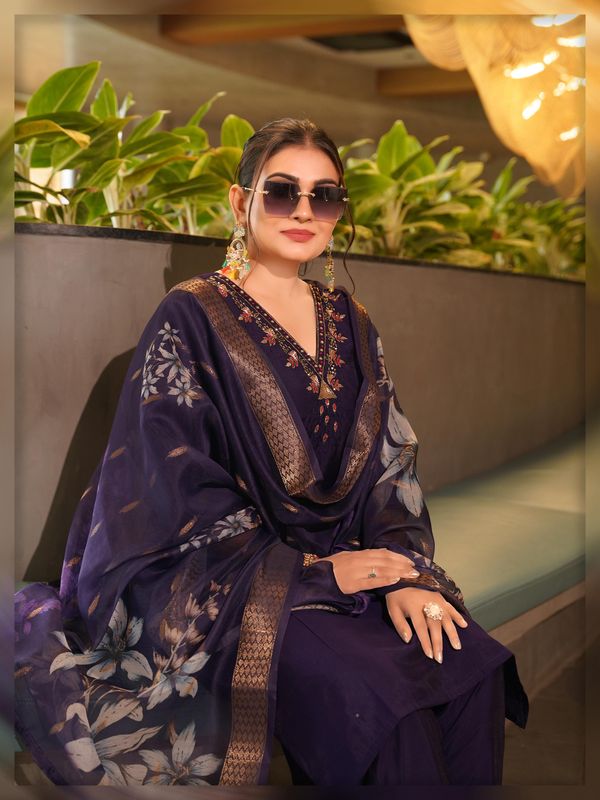 Royal Purple Embroidered Kurti Set with Dupatta