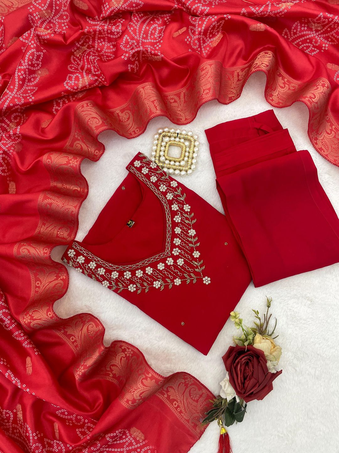 Red Embroidered Roman Silk Kurti Pant Dupatta Set