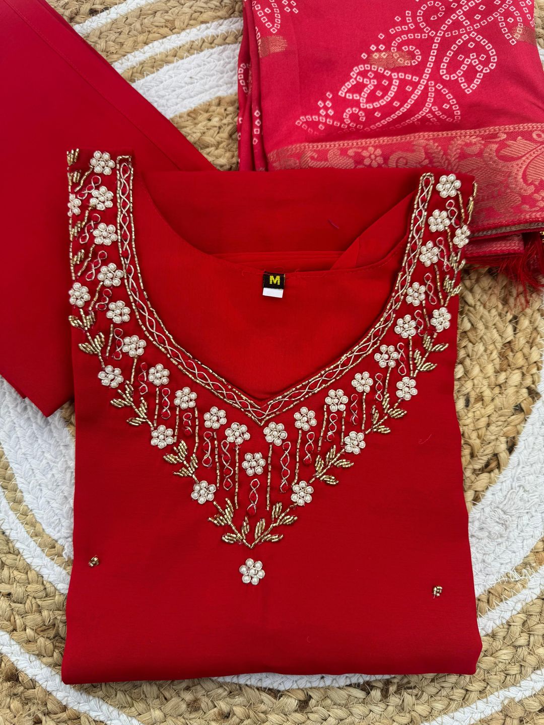 Red Embroidered Roman Silk Kurti Pant Dupatta Set
