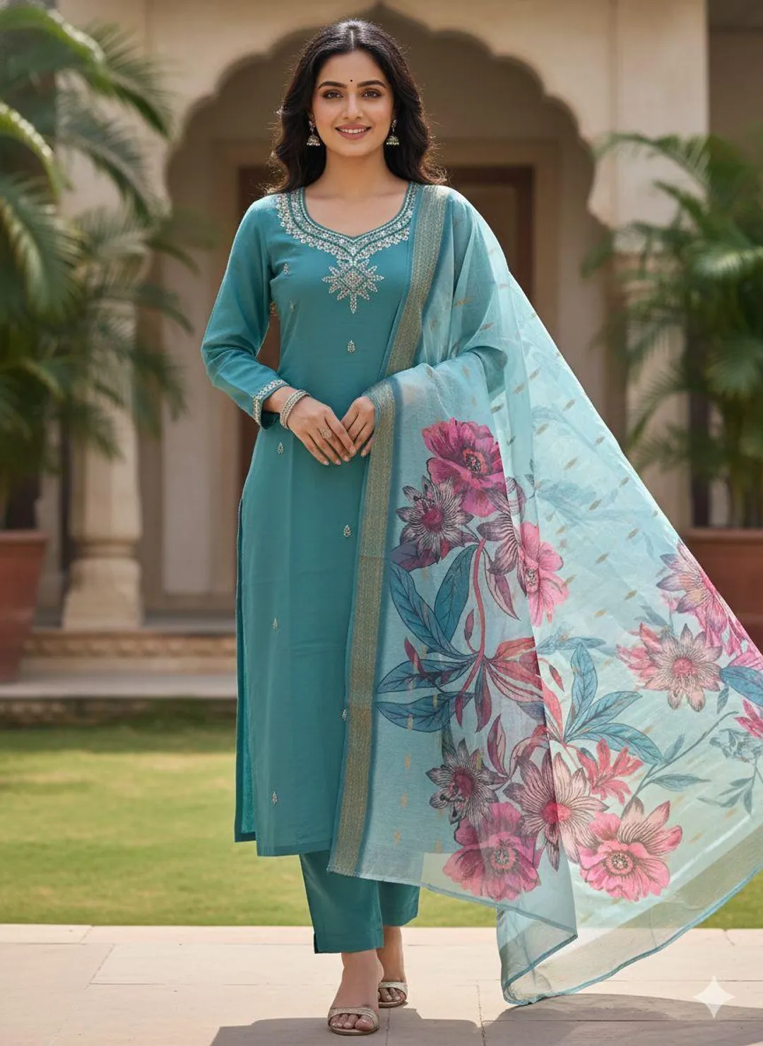 eal Green Embroidered Roman Silk Kurti Set Dupatta