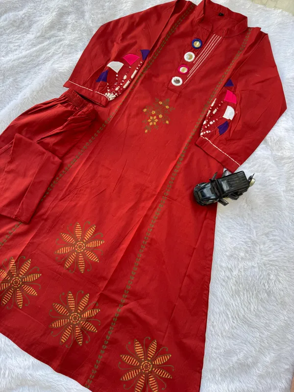 Red Cotton A-Line Kurti Set with Mirror Work Design