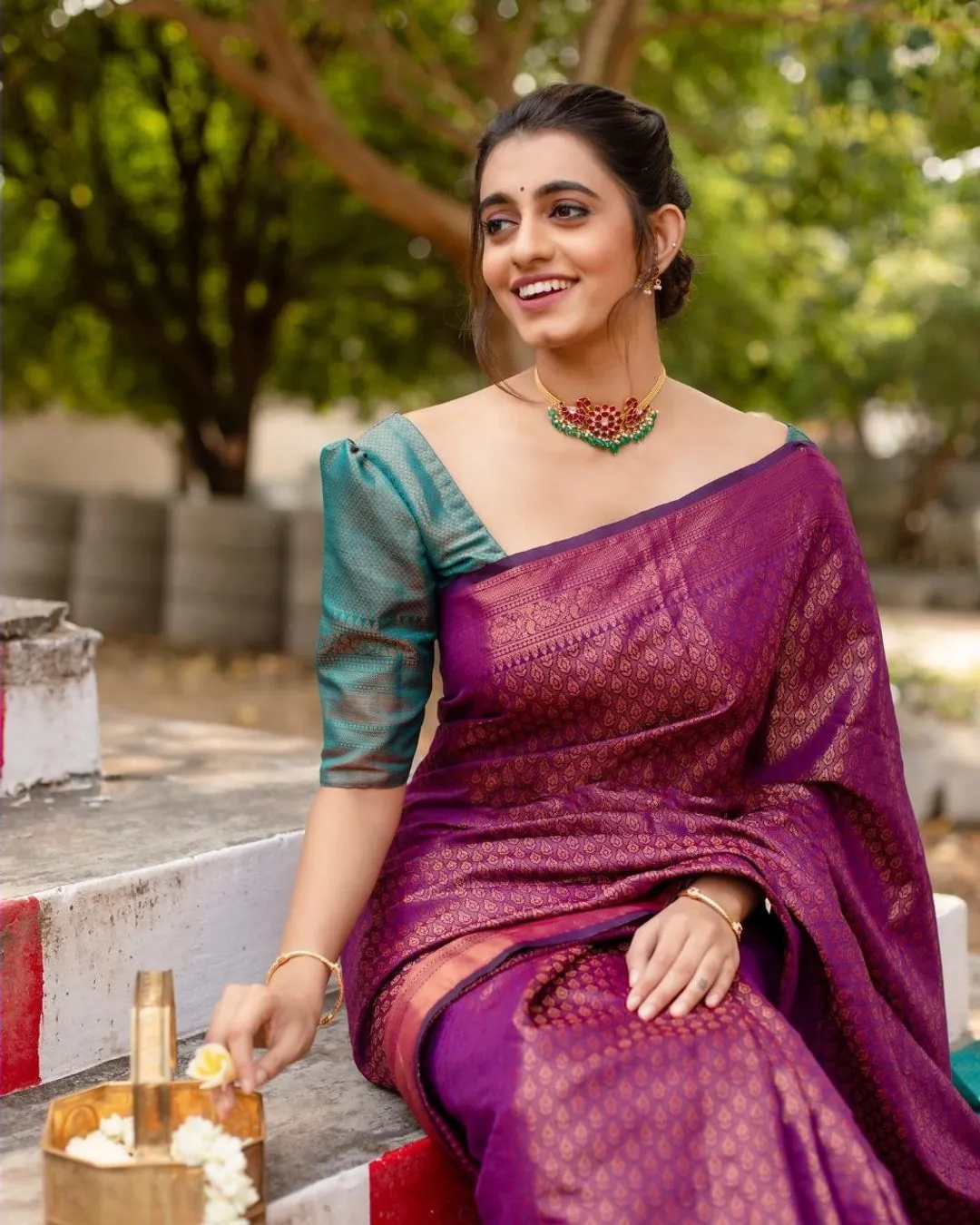 Magenta Lichi Silk Saree with Copper Zari Pallu