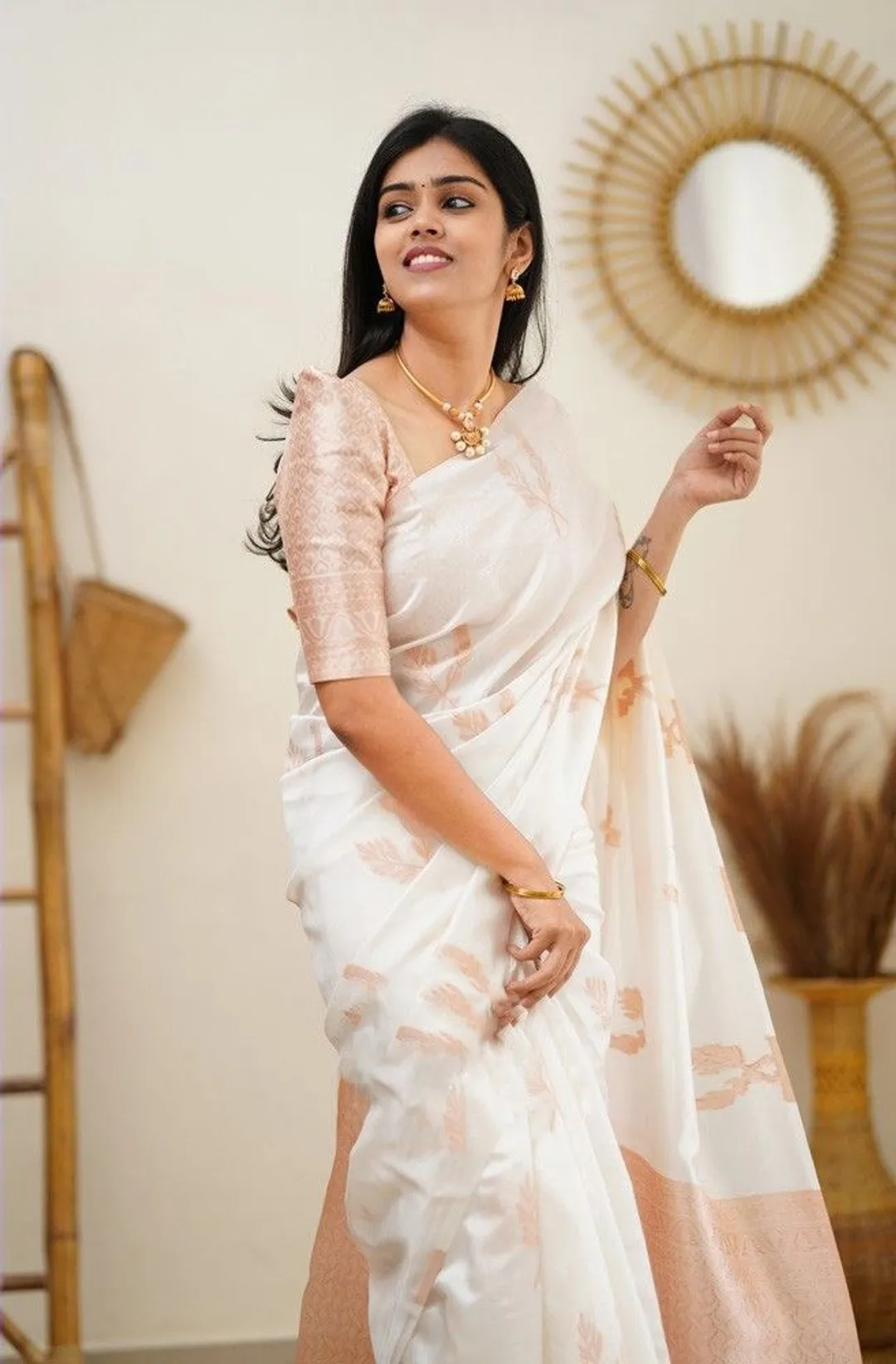 Cream Banarasi Lichi Silk Saree with Jacquard Border