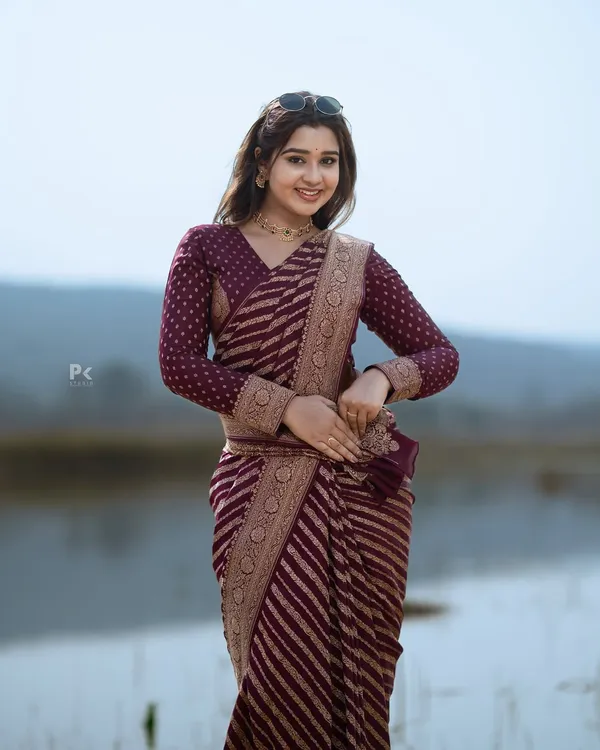 Maroon Banarasi Lichi Silk Saree with Zari Border