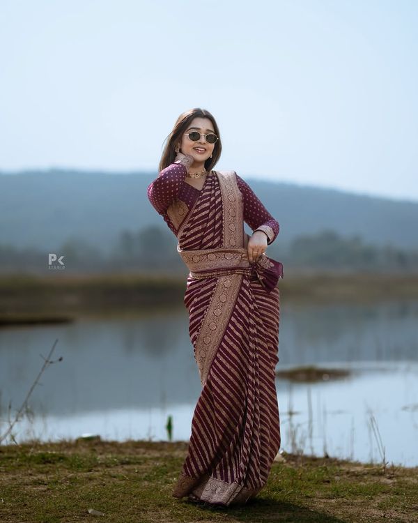 Maroon Banarasi Lichi Silk Saree with Zari Border