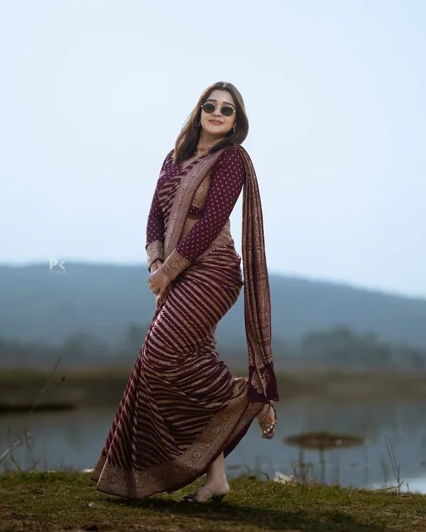 Maroon Banarasi Lichi Silk Saree with Zari Border