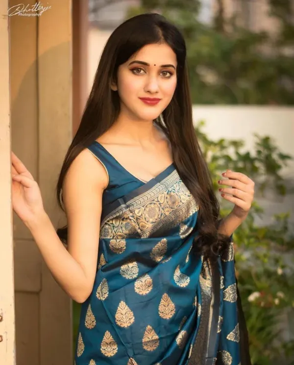 Teal Blue Lichi Silk Saree with Elegant Zari Border