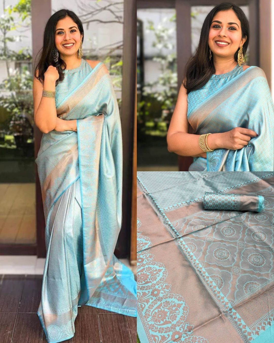 Pastel Aqua Lichi Silk Saree with Rich Jacquard Border