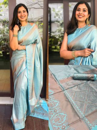 Pastel Aqua Lichi Silk Saree with Rich Jacquard Border