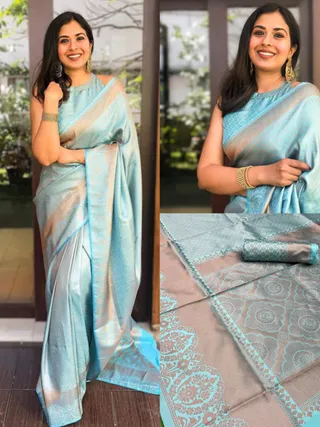 Pastel Aqua Lichi Silk Saree with Rich Jacquard Border