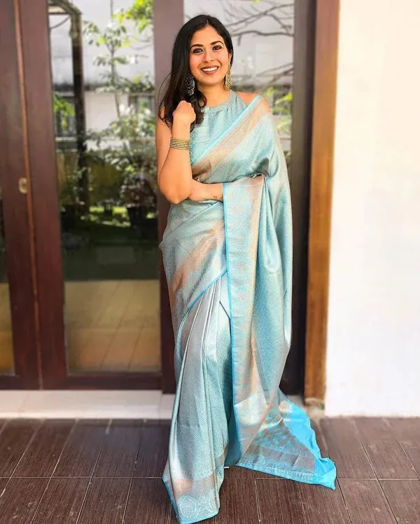 Pastel Aqua Lichi Silk Saree with Rich Jacquard Border