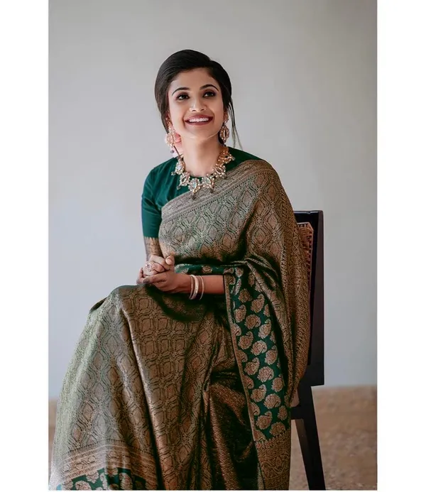 Dark Green Lichi Silk Saree with Rich Golden Jacquard