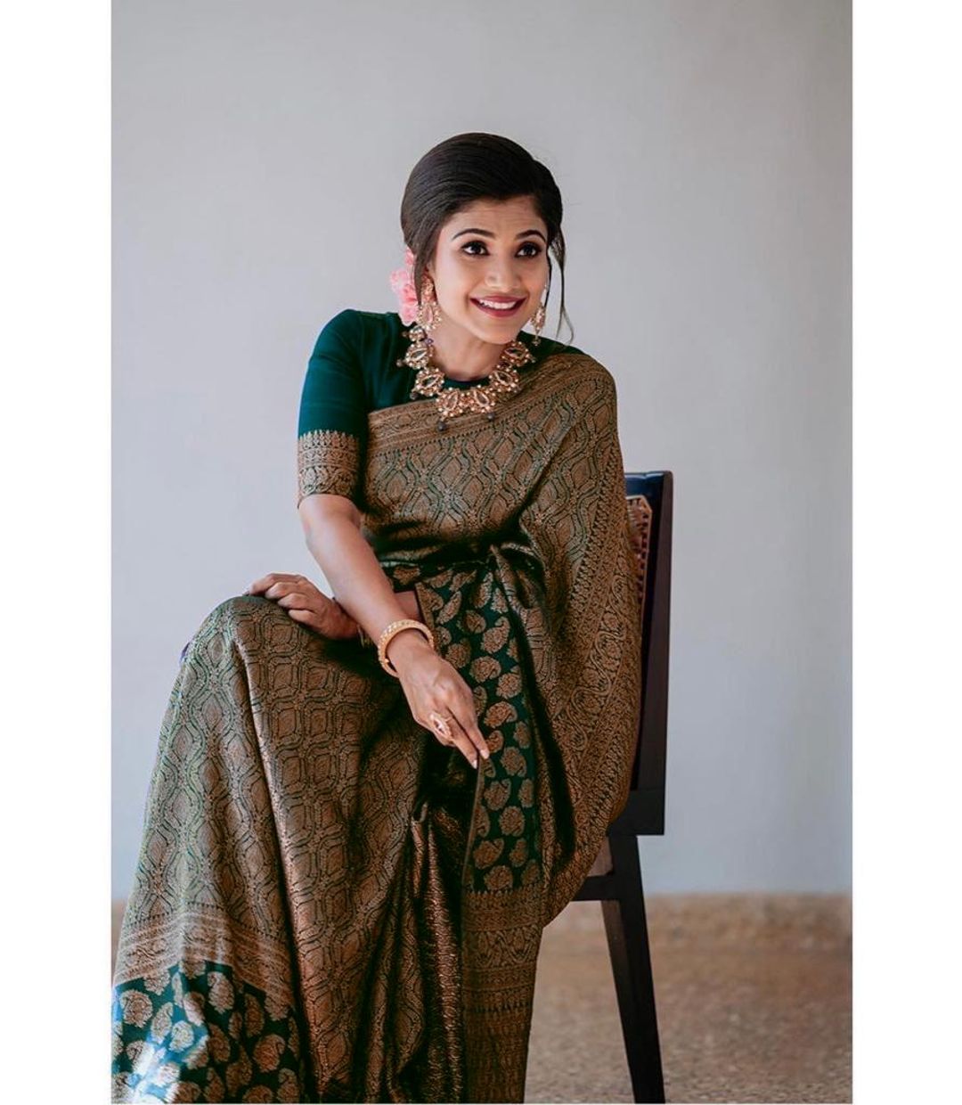 Dark Green Lichi Silk Saree with Rich Golden Jacquard