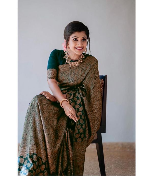 Dark Green Lichi Silk Saree with Rich Golden Jacquard