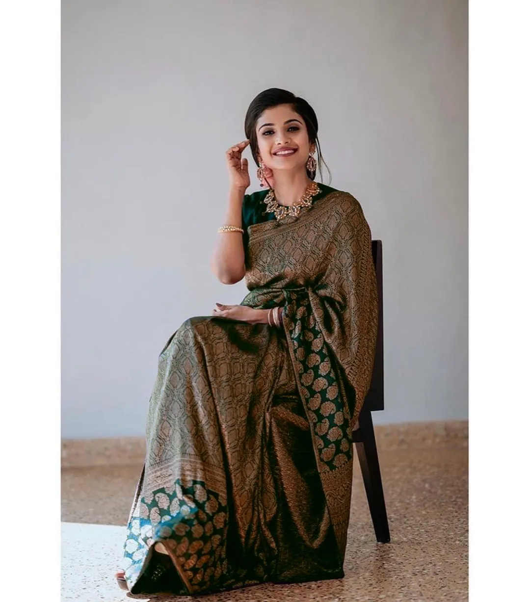 Dark Green Lichi Silk Saree with Rich Golden Jacquard