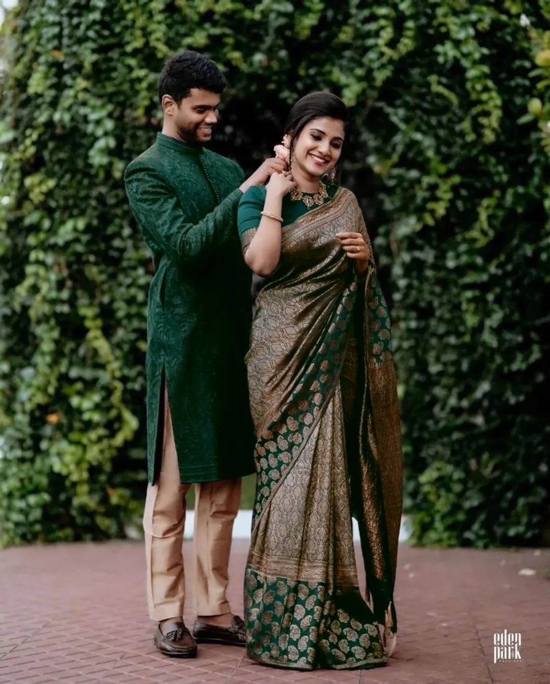 Dark Green Lichi Silk Saree with Rich Golden Jacquard