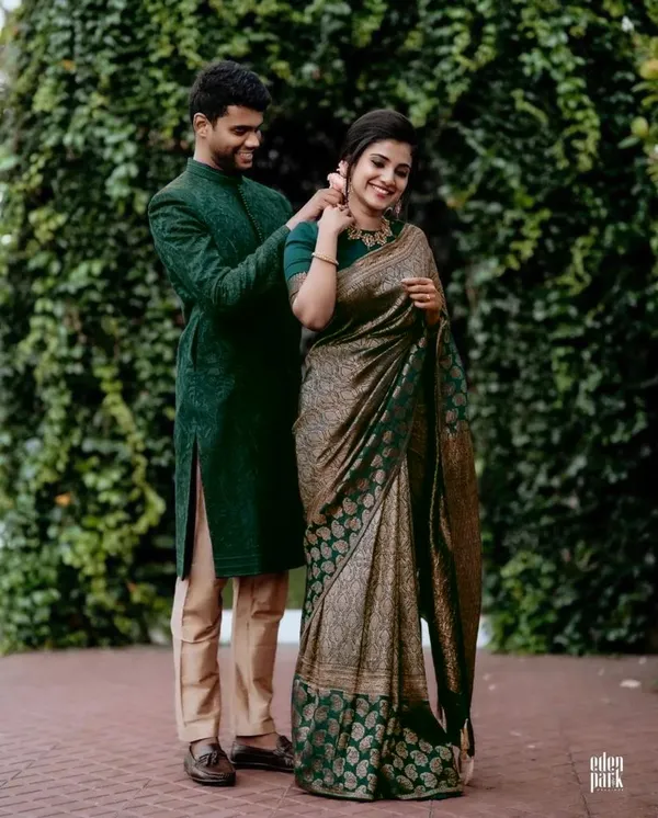 Dark Green Lichi Silk Saree with Rich Golden Jacquard