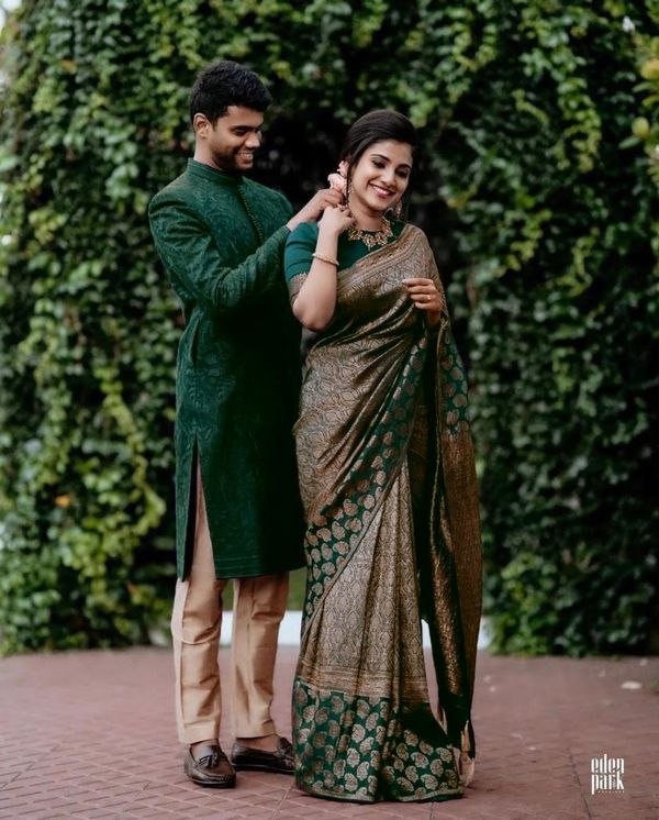 Dark Green Lichi Silk Saree with Rich Golden Jacquard