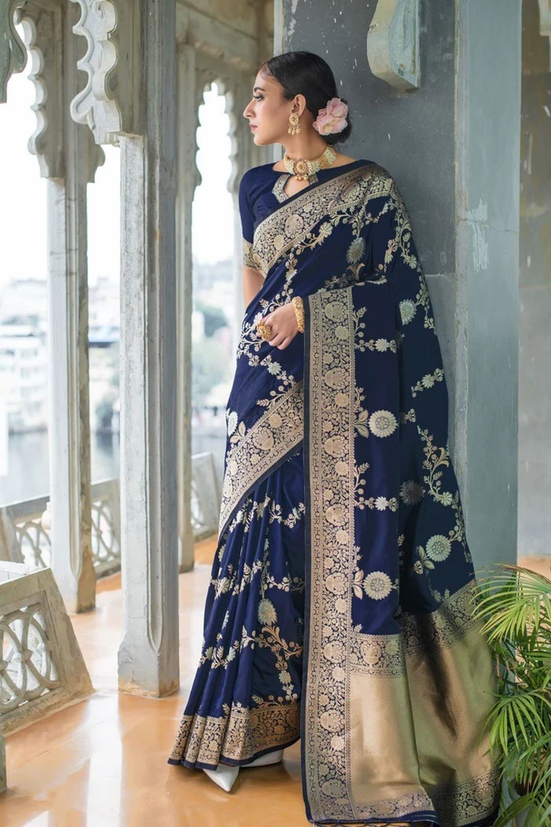 Navy Blue Lichi Silk Saree with Rich Golden Zari Work