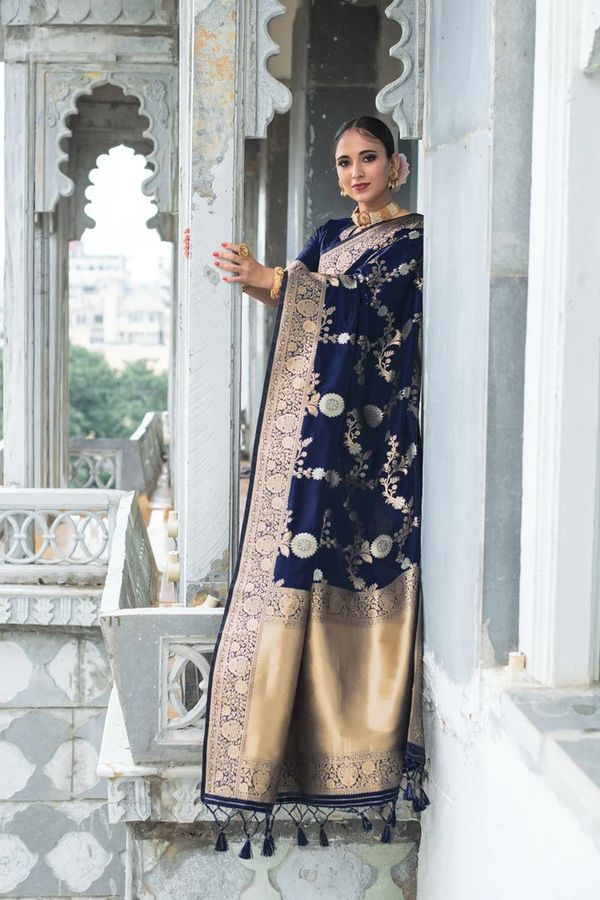 Navy Blue Lichi Silk Saree with Rich Golden Zari Work