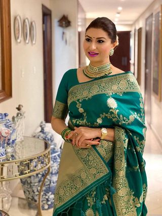 Emerald Green Lichi Silk Saree with Rich Golden Zari