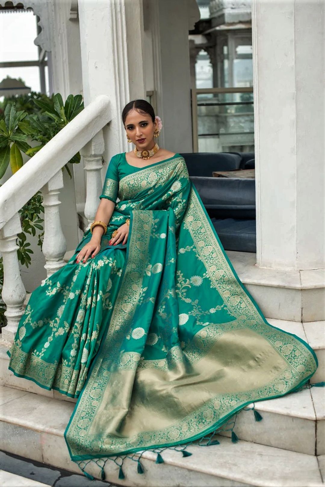 Emerald Green Lichi Silk Saree with Rich Golden Zari