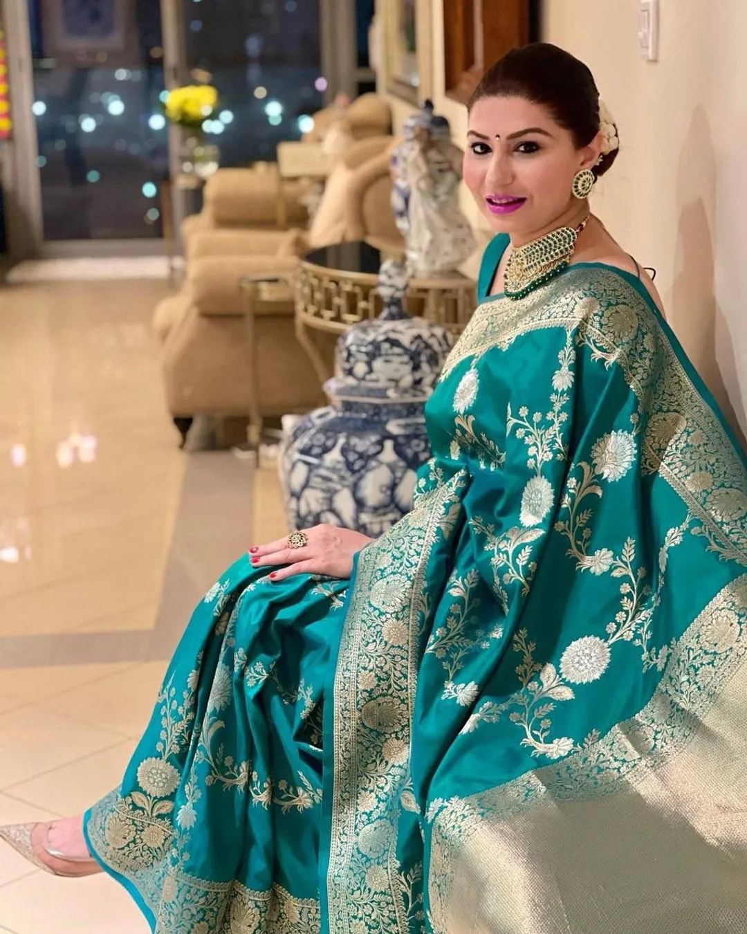 Emerald Green Lichi Silk Saree with Rich Golden Zari