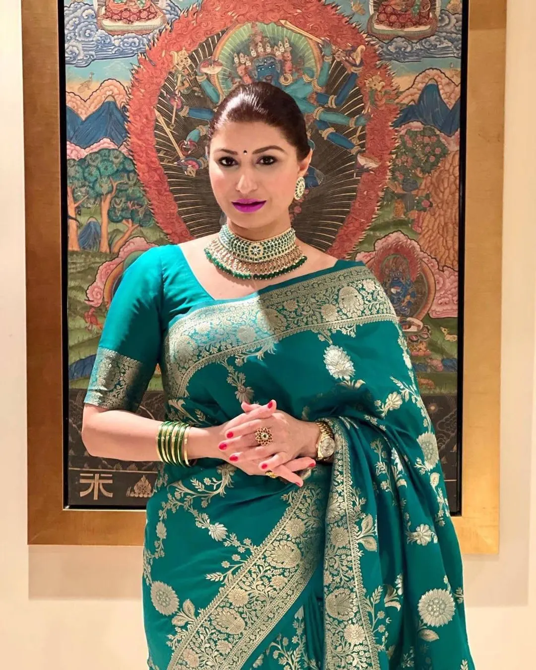 Emerald Green Lichi Silk Saree with Rich Golden Zari