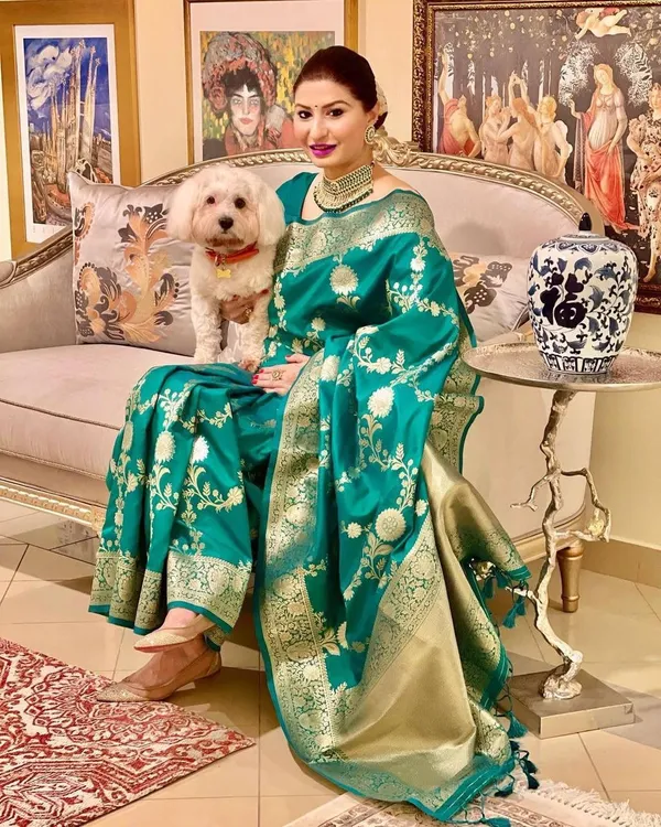 Emerald Green Lichi Silk Saree with Rich Golden Zari