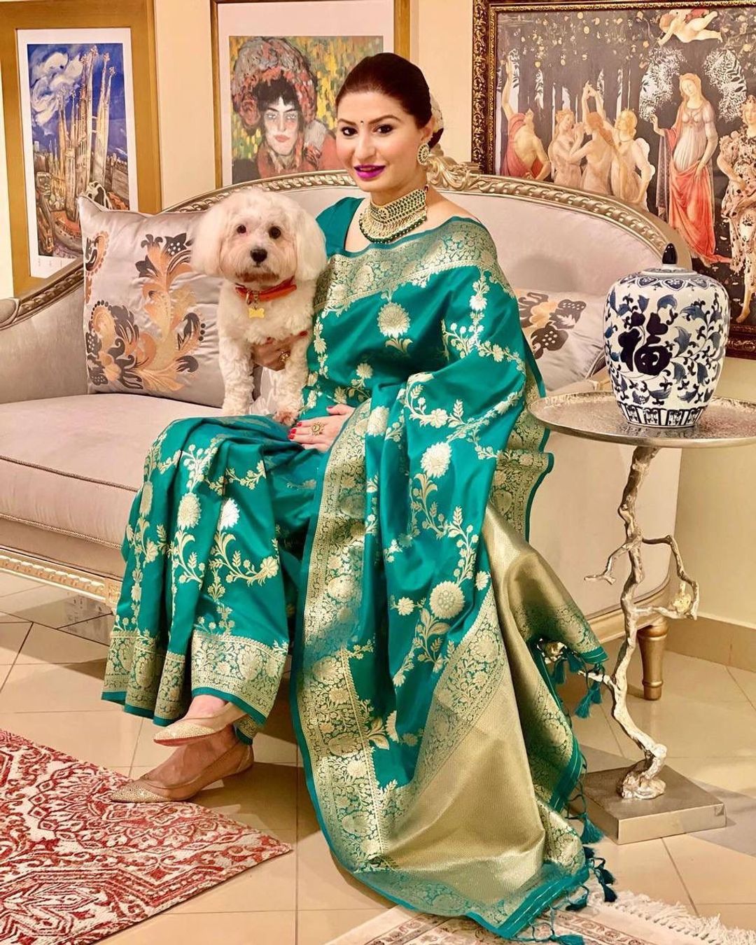 Emerald Green Lichi Silk Saree with Rich Golden Zari
