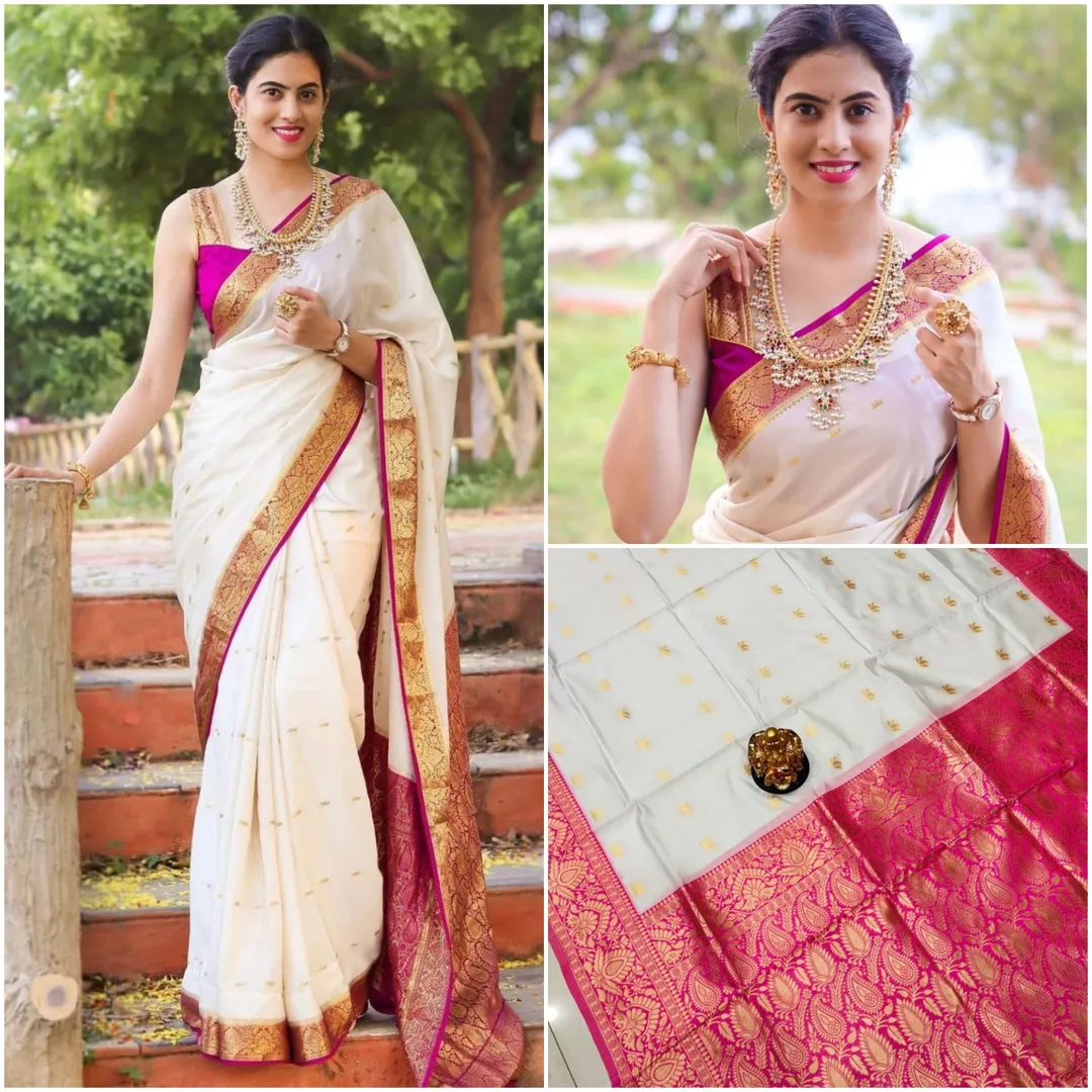 White Pink Lichi Silk Saree with Rich Golden Zari Work