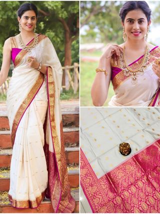 White Pink Lichi Silk Saree with Rich Golden Zari Work