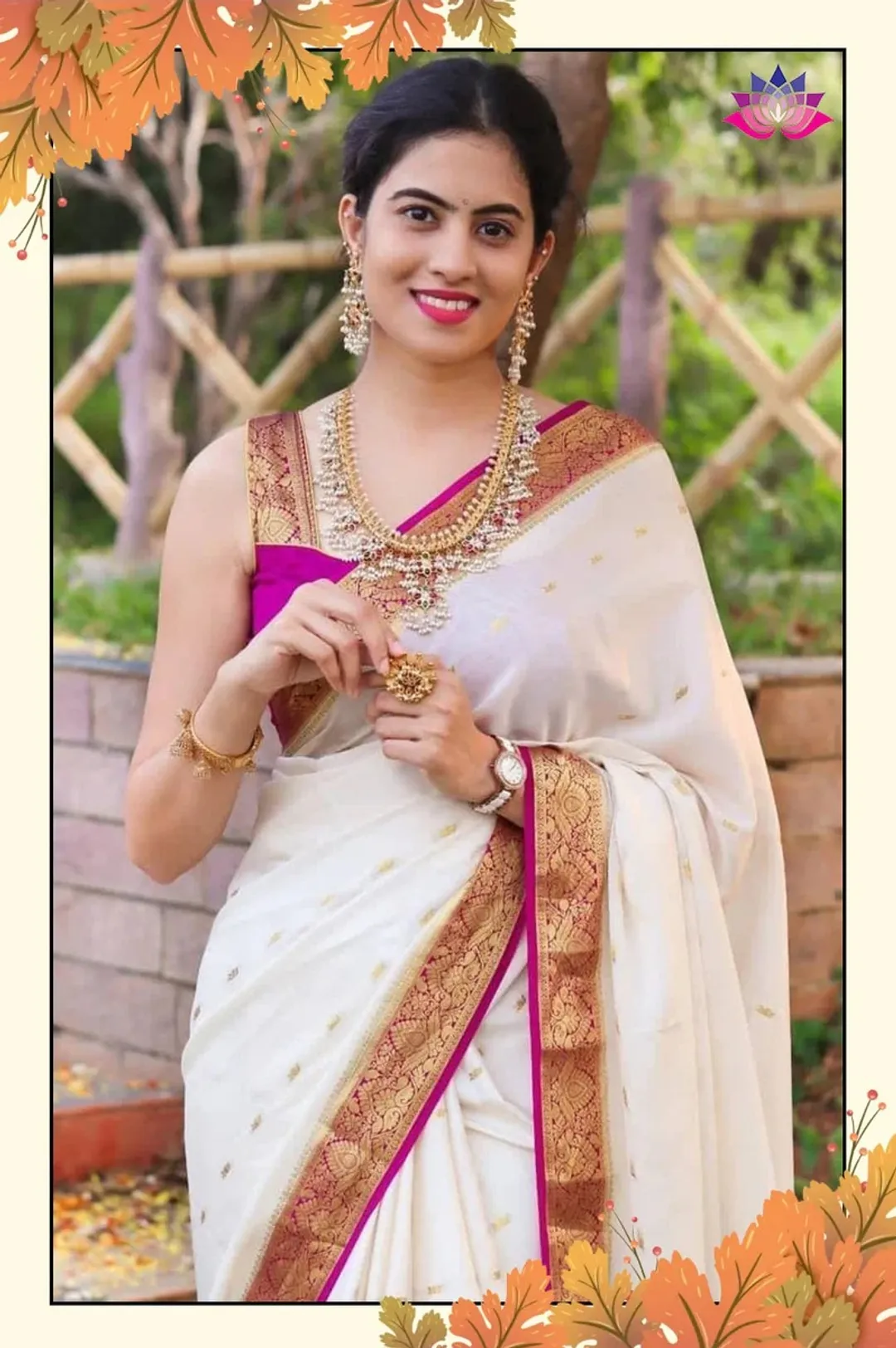 White Pink Lichi Silk Saree with Rich Golden Zari Work