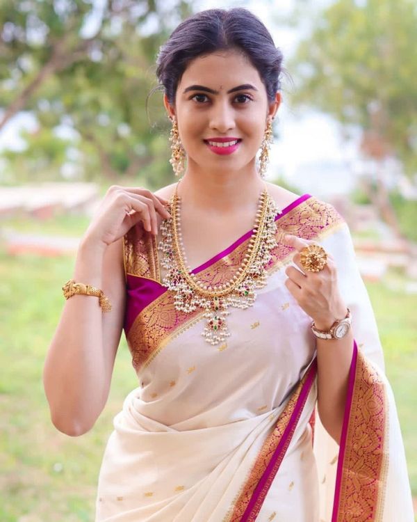 White Pink Lichi Silk Saree with Rich Golden Zari Work