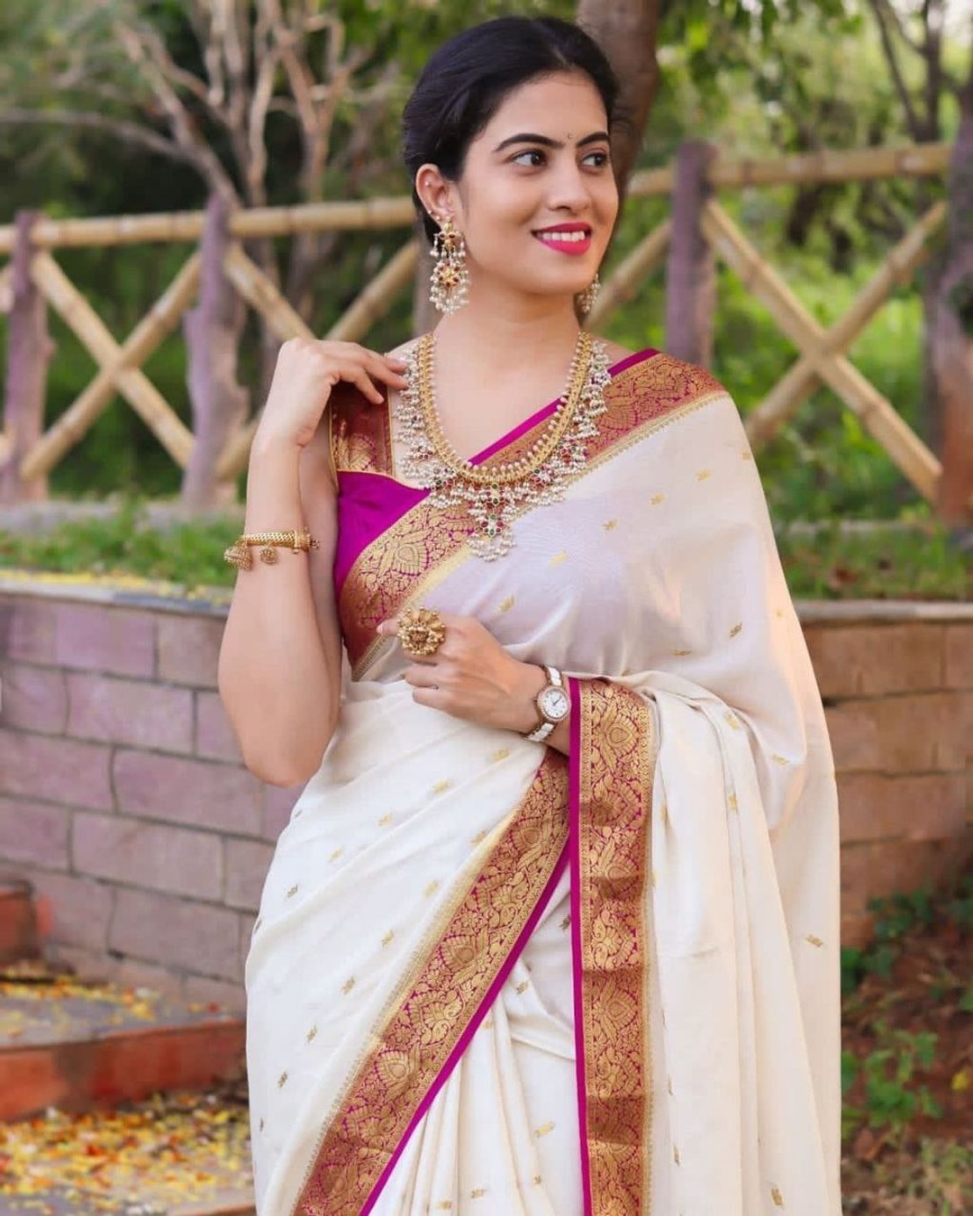 White Pink Lichi Silk Saree with Rich Golden Zari Work