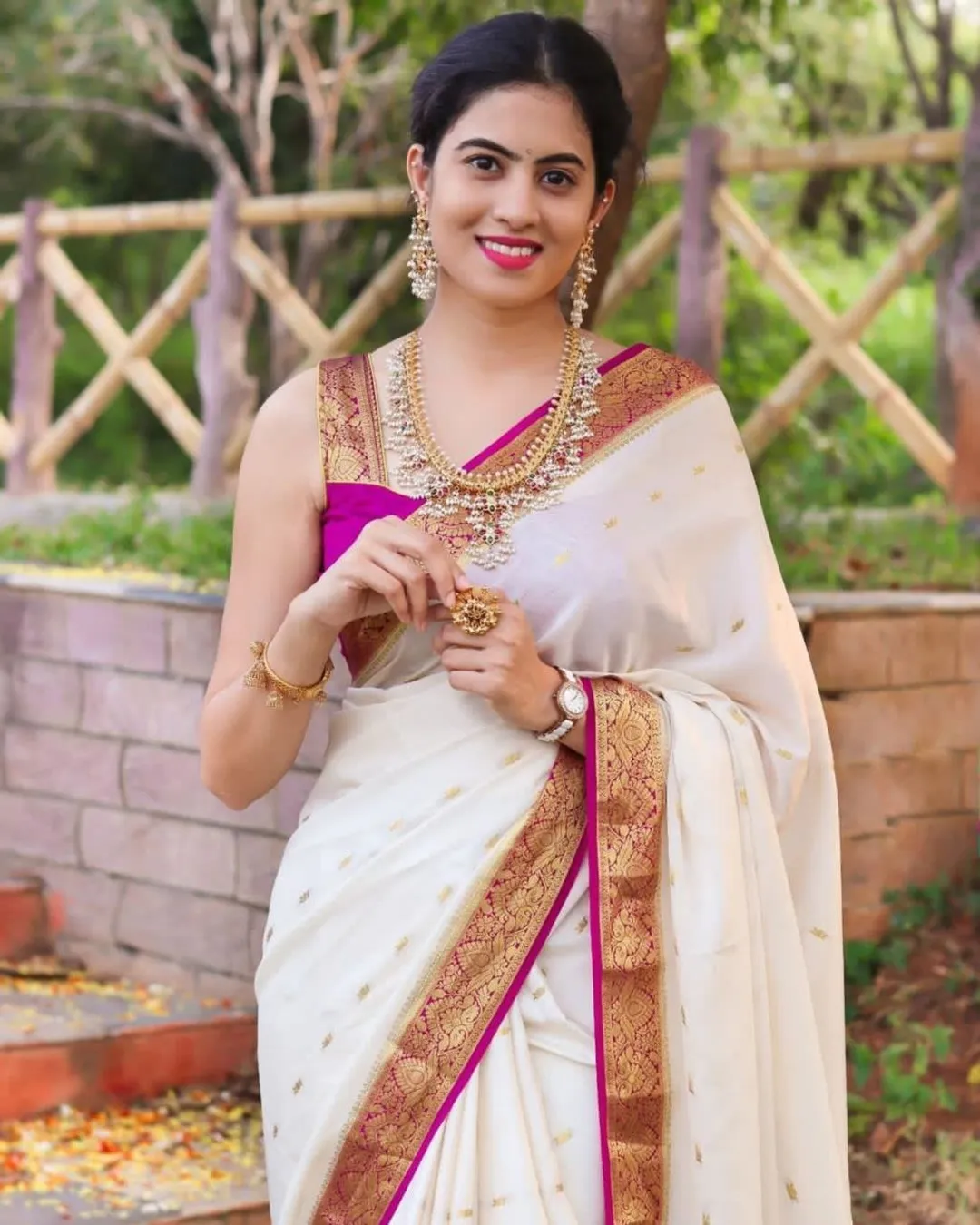 White Pink Lichi Silk Saree with Rich Golden Zari Work
