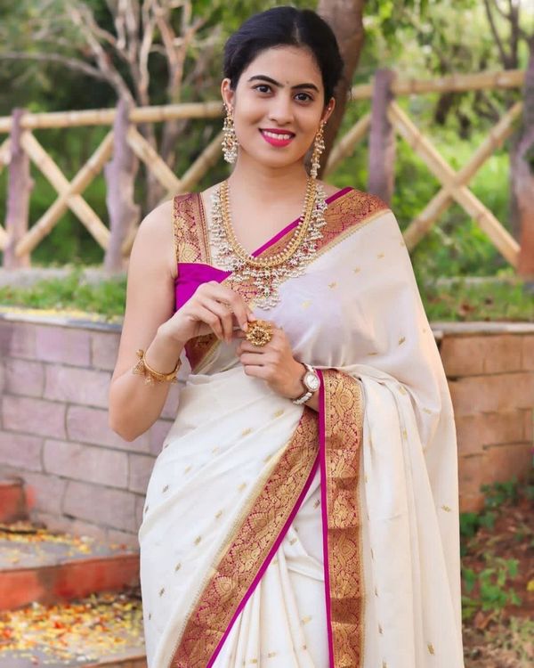 White Pink Lichi Silk Saree with Rich Golden Zari Work