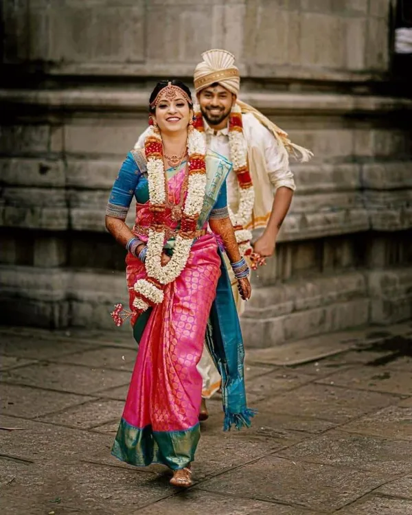 Pink Lichi Silk Saree with Teal Border & Zari Weaving