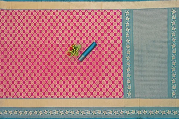 Pink Lichi Silk Saree with Teal Border & Zari Weaving