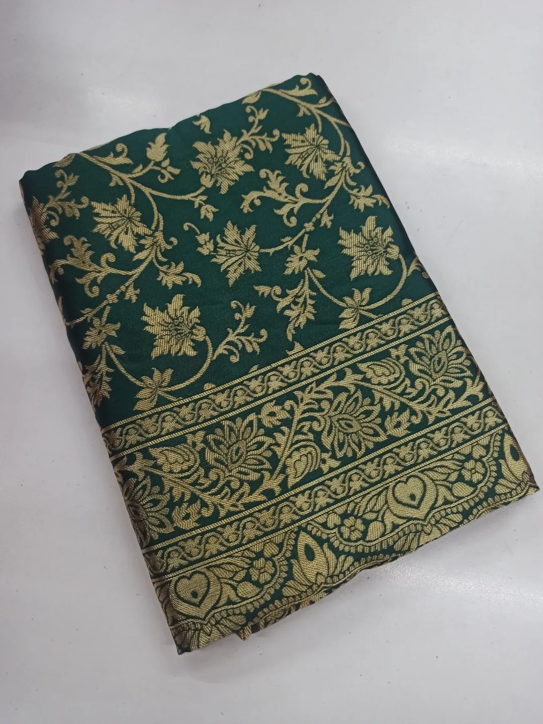 Dark Green Banarasi Lichi Silk Saree with Zari Work