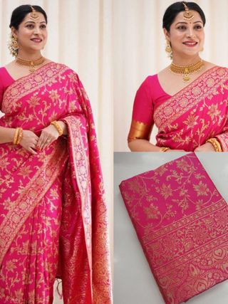 Rani Pink Banarasi Lichi Silk Saree with Zari Work