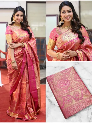 Pink Gold Banarasi Lichi Silk Saree with Rich Zari Work