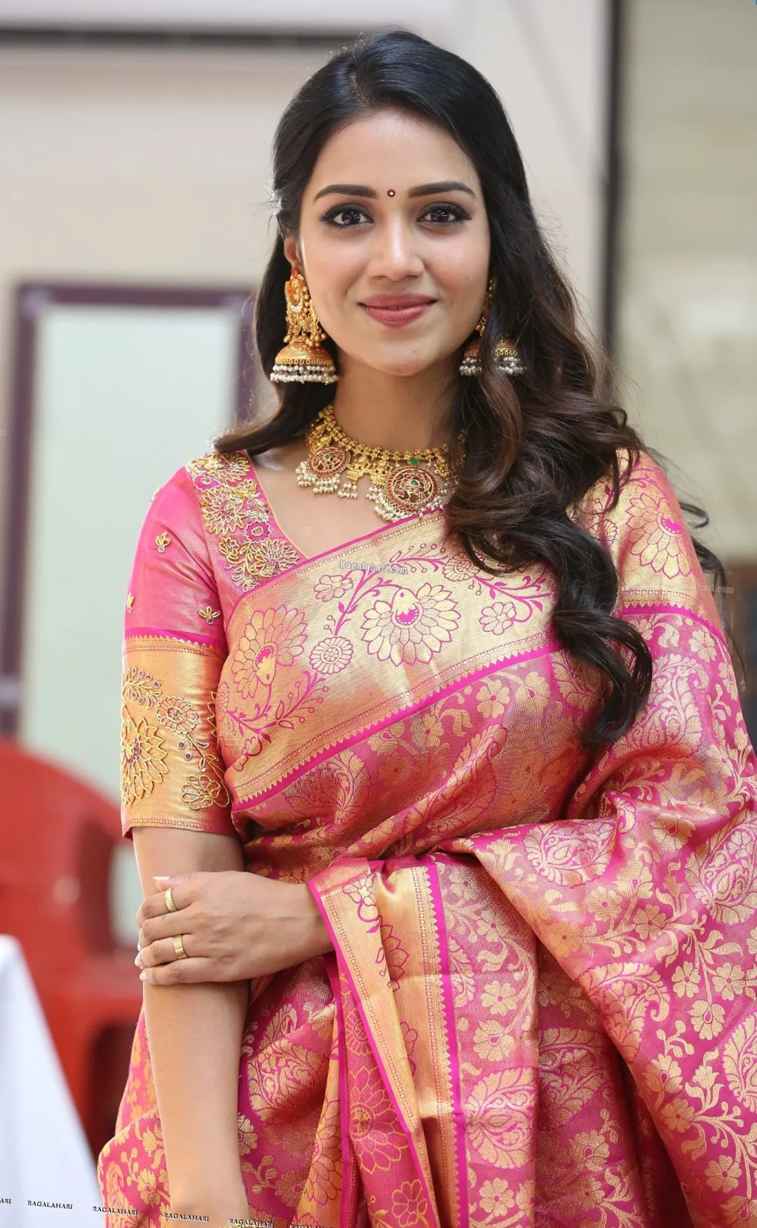 Pink Gold Banarasi Lichi Silk Saree with Rich Zari Work