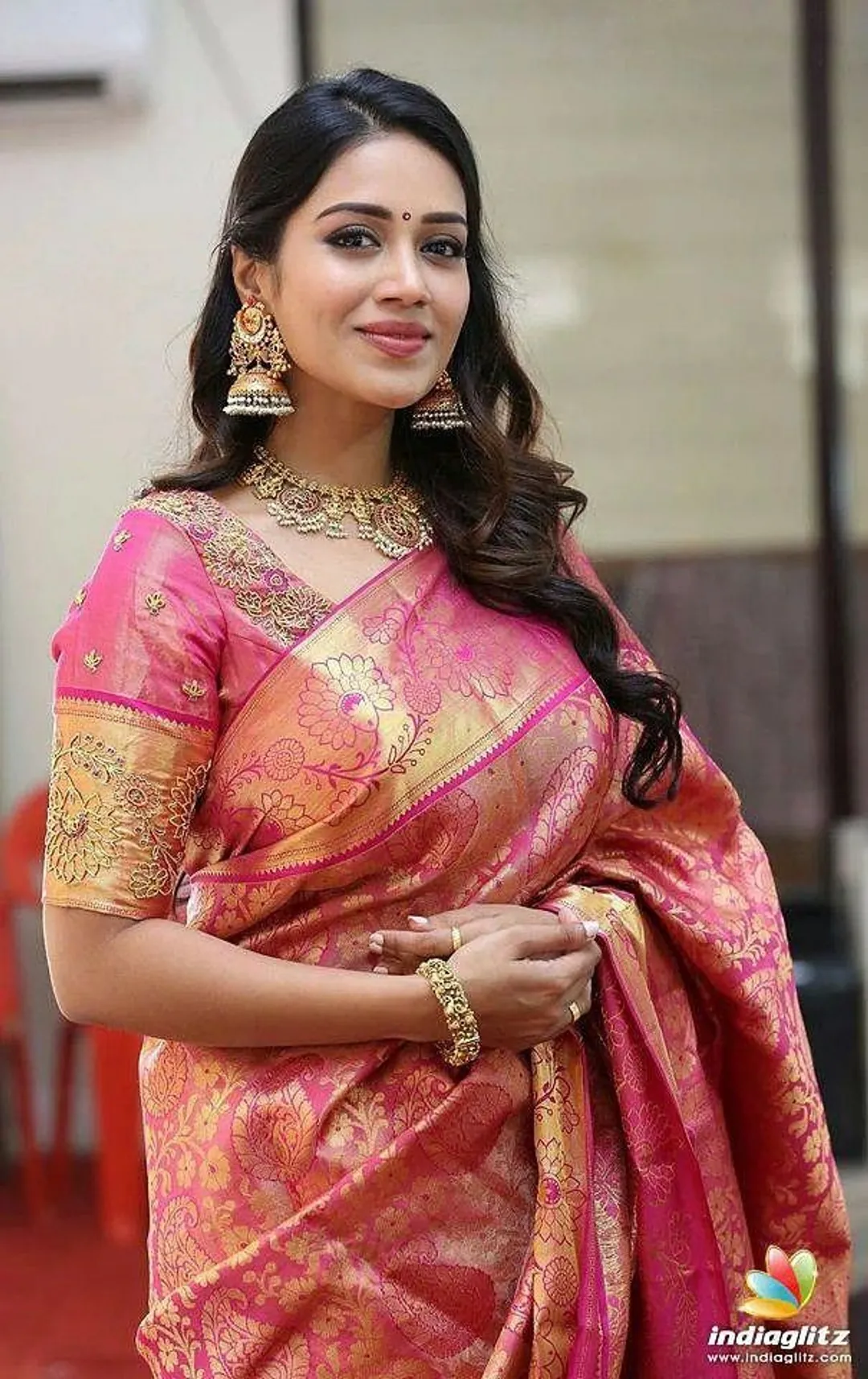 Pink Gold Banarasi Lichi Silk Saree with Rich Zari Work