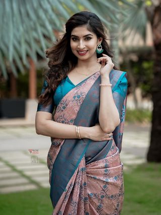Pastel Peach Teal Banarasi Lichi Silk Saree Zari Work