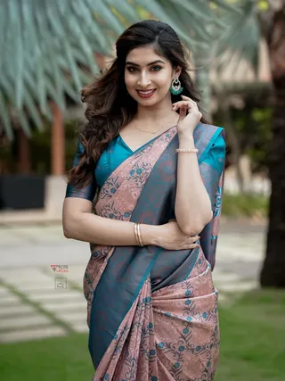 Pastel Peach Teal Banarasi Lichi Silk Saree Zari Work