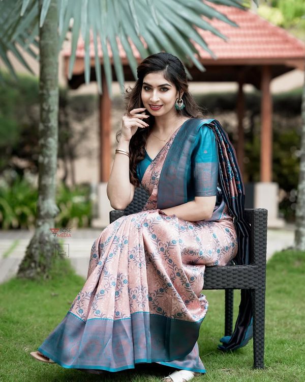 Pastel Peach Teal Banarasi Lichi Silk Saree Zari Work